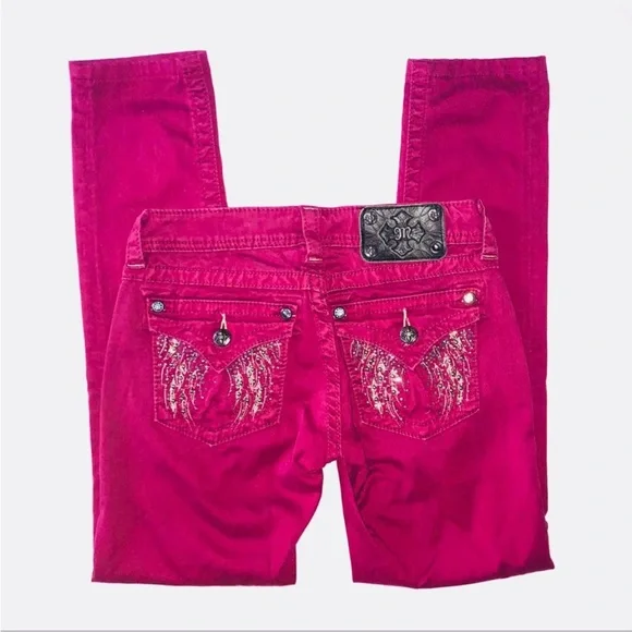 { MISS ME } 5-Pocket Low Rise Skinny Jeans pink angel wings Fuschia 29x31 inseam - Picture 2 of 11
